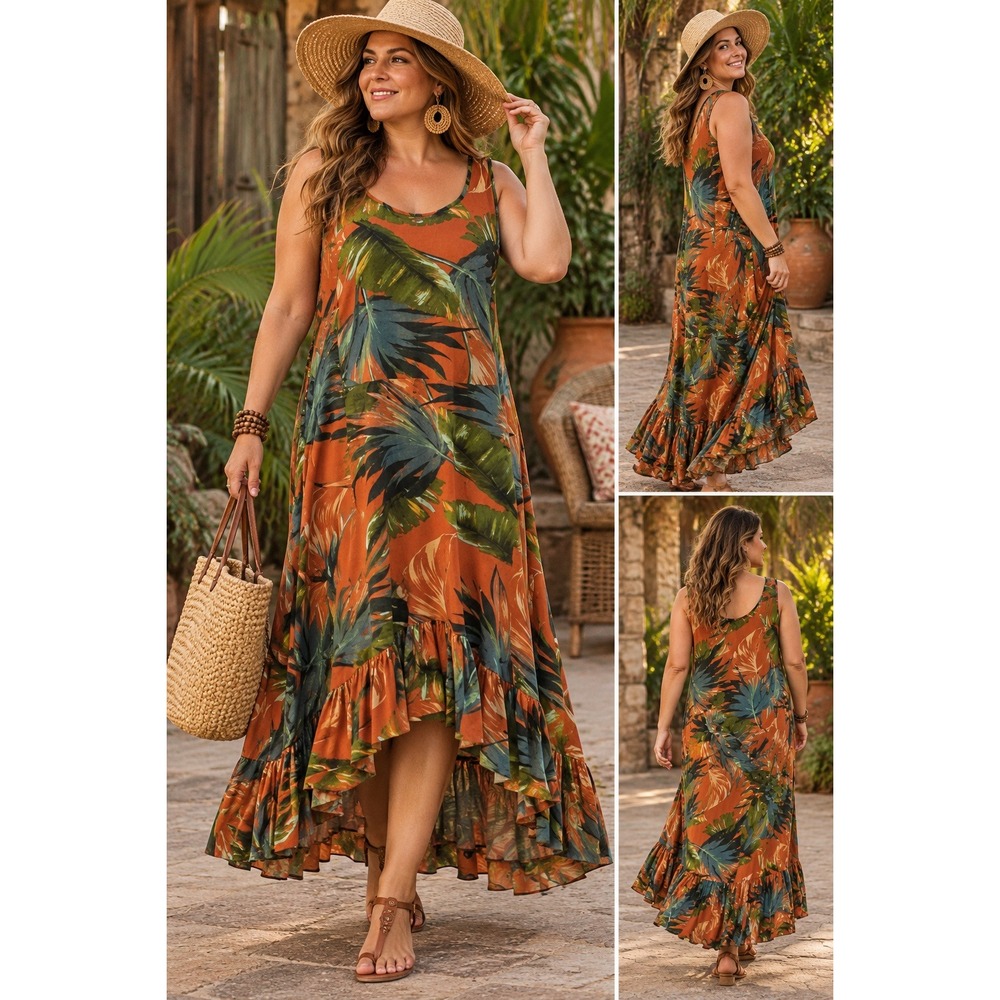 Soft Surroundings Women's Fabiana Rouille Palms High-Low Ruffle Maxi Dress 1X